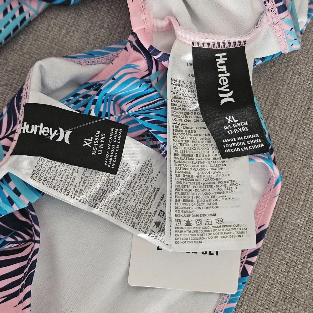Hurley Girls XL 13-15Y‎ Pink Blue Tropical Palm 2-Piece Bikini Swimsuit NEW